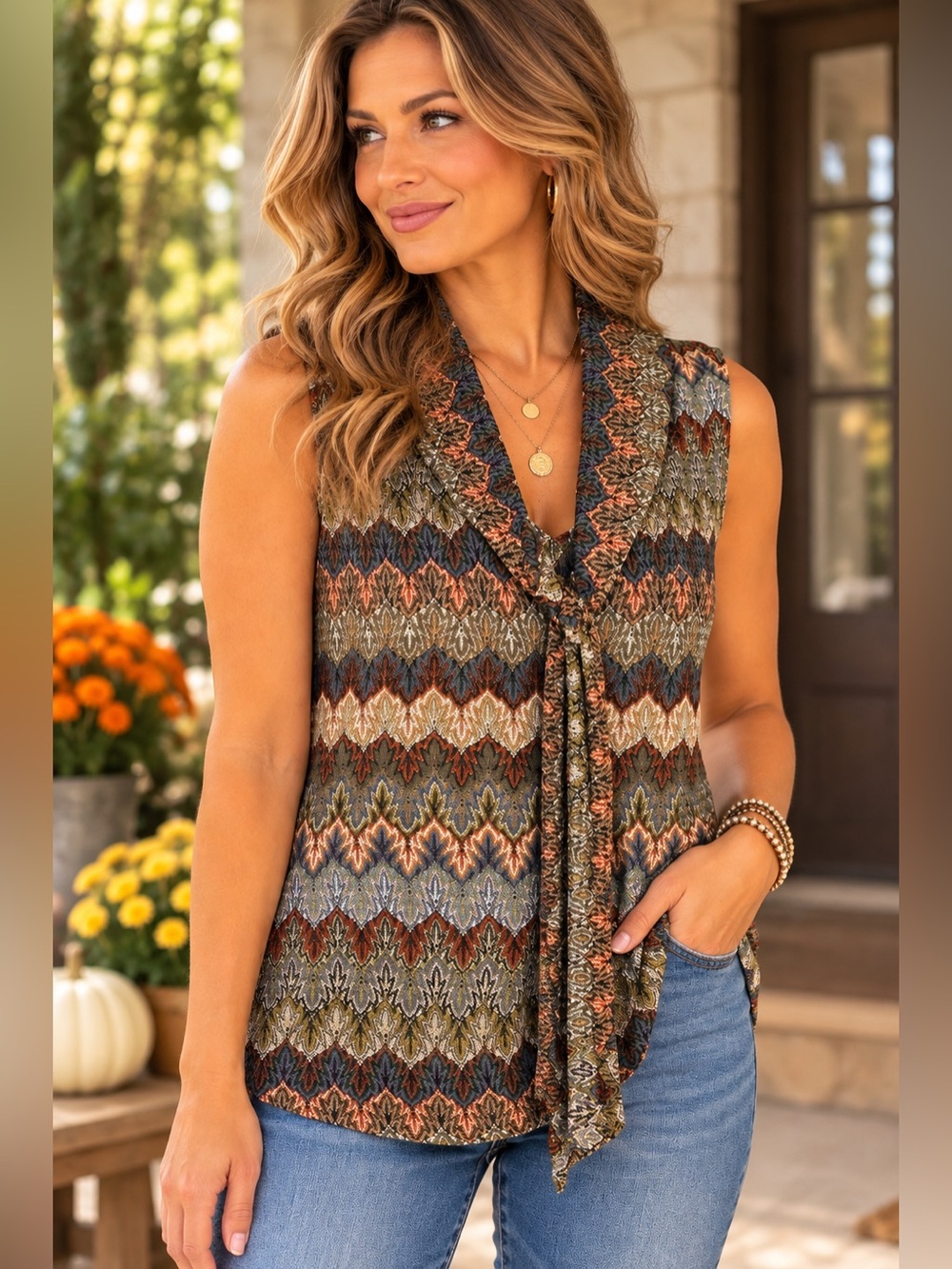 Melissa Paige Large Sleeveless Knit Top Multicolor Metallic Boho Lagenlook Fall